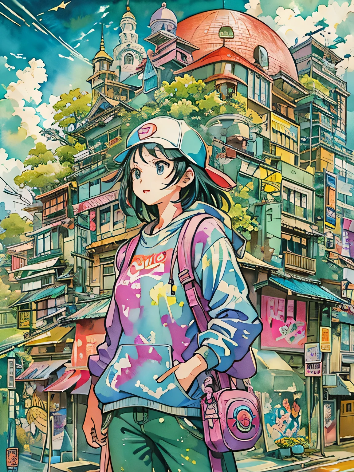 Akira Toriyama style、style、8K quality, Kawaii Design, intense watercolor, watercolor detailed art, watercolor splash, surreal, avant-garde pop art, Beautiful and expressive paintings, Beautiful artwork illustration, very colorful tones, wonderful, cool beauty, highest quality,official art, vector art,stylish design, (((pretty girl))), (((highest quality))), HDR, ((Detailed details)), (((graffiti art))), ((masterpiece))、((Super detailed))、(((Streets of futuristic cities)))
