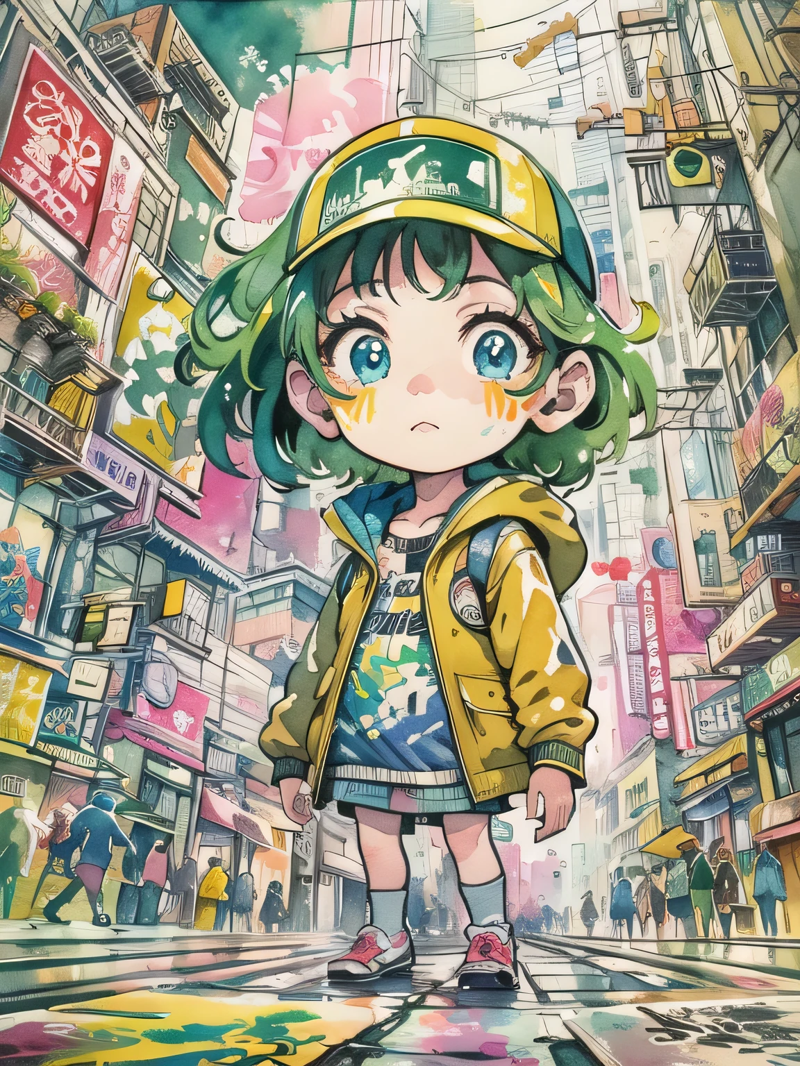 Akira Toriyama style、style、8K quality, Kawaii Design, intense watercolor, watercolor detailed art, watercolor splash, surreal, avant-garde pop art, Beautiful and expressive paintings, Beautiful artwork illustration, very colorful tones, wonderful, cool beauty, highest quality,official art, vector art,stylish design, (((pretty girl))), (((highest quality))), HDR, ((Detailed details)), (((graffiti art))), ((masterpiece))、((Super detailed))、(((Streets of futuristic cities)))