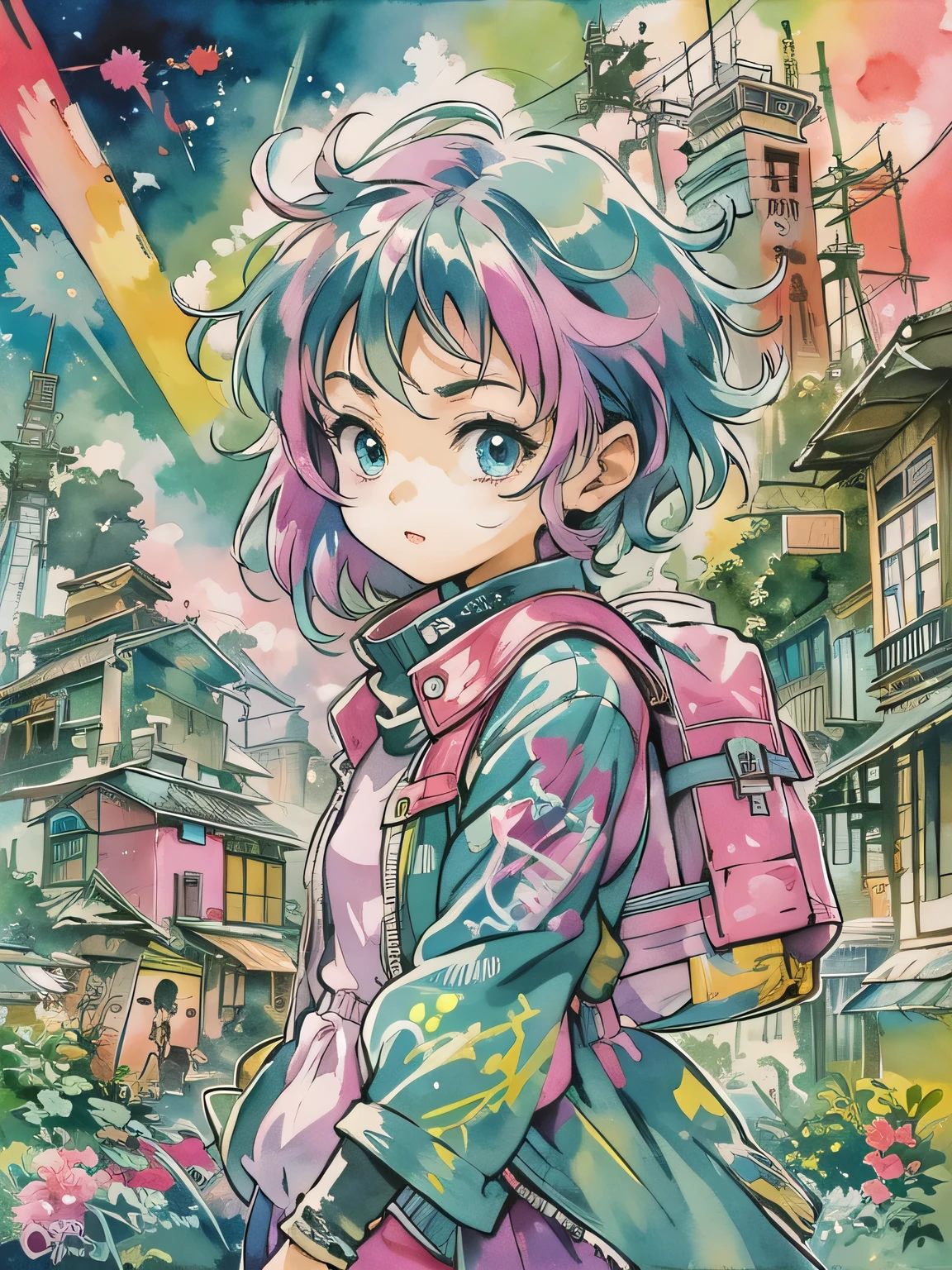 Akira Toriyama style、style、8K quality, Kawaii Design, intense watercolor, watercolor detailed art, watercolor splash, surreal, avant-garde pop art, Beautiful and expressive paintings, Beautiful artwork illustration, very colorful tones, wonderful, cool beauty, highest quality,official art, vector art,stylish design, (((pretty girl))), (((highest quality))), HDR, ((Detailed details)), (((graffiti art))), ((masterpiece))、((Super detailed))、(((Streets of futuristic cities)))