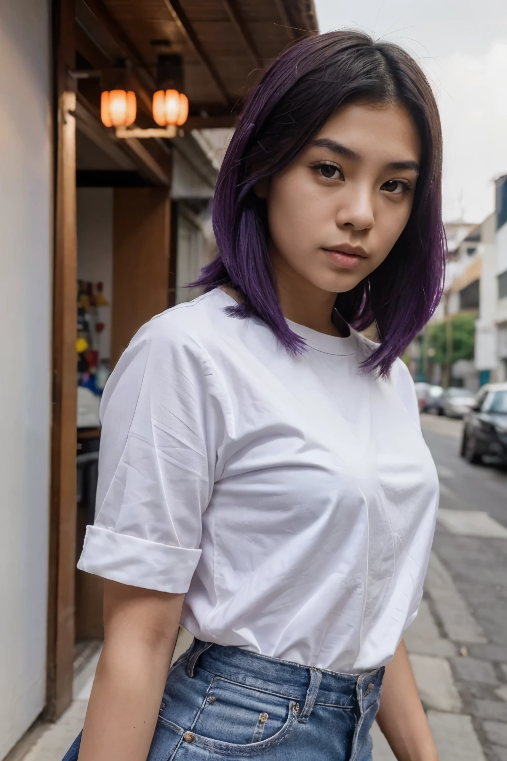 young mixed race Asian 25 years old, purple square hair, grosse poitrine