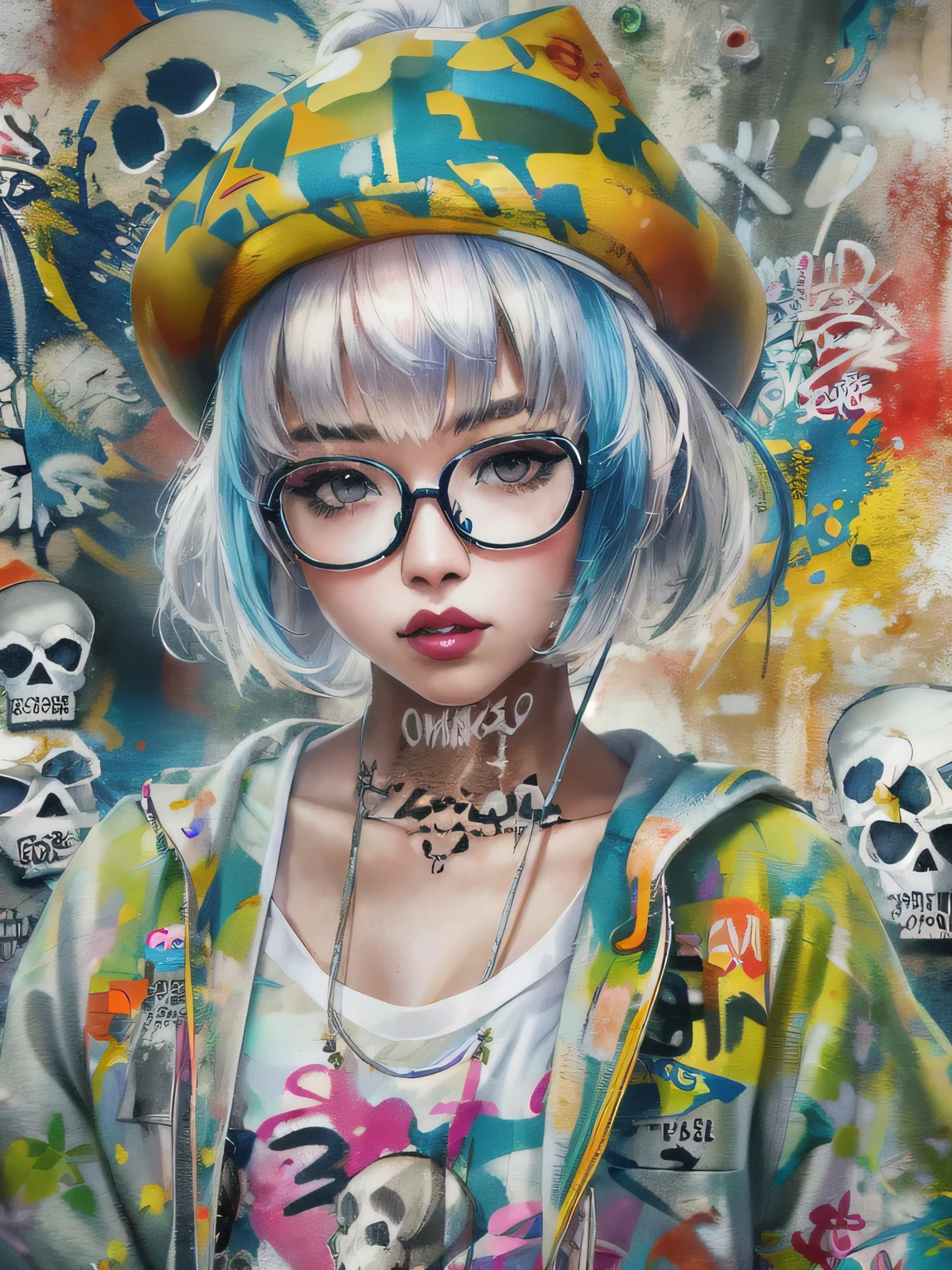 8K quality, watercolor painting, stylish design, (((The strongest beautiful girl of all time))), (((Japanese)))、Idol、clear, stylish glasses, Fashionable hats, (((highest quality))), bob hair, lips in love, HDR, ((Detailed details)), (((skull fashion))), detailed clothing texture, (((graffiti art))), colorful hair, ((masterpiece))、((Super detailed))
