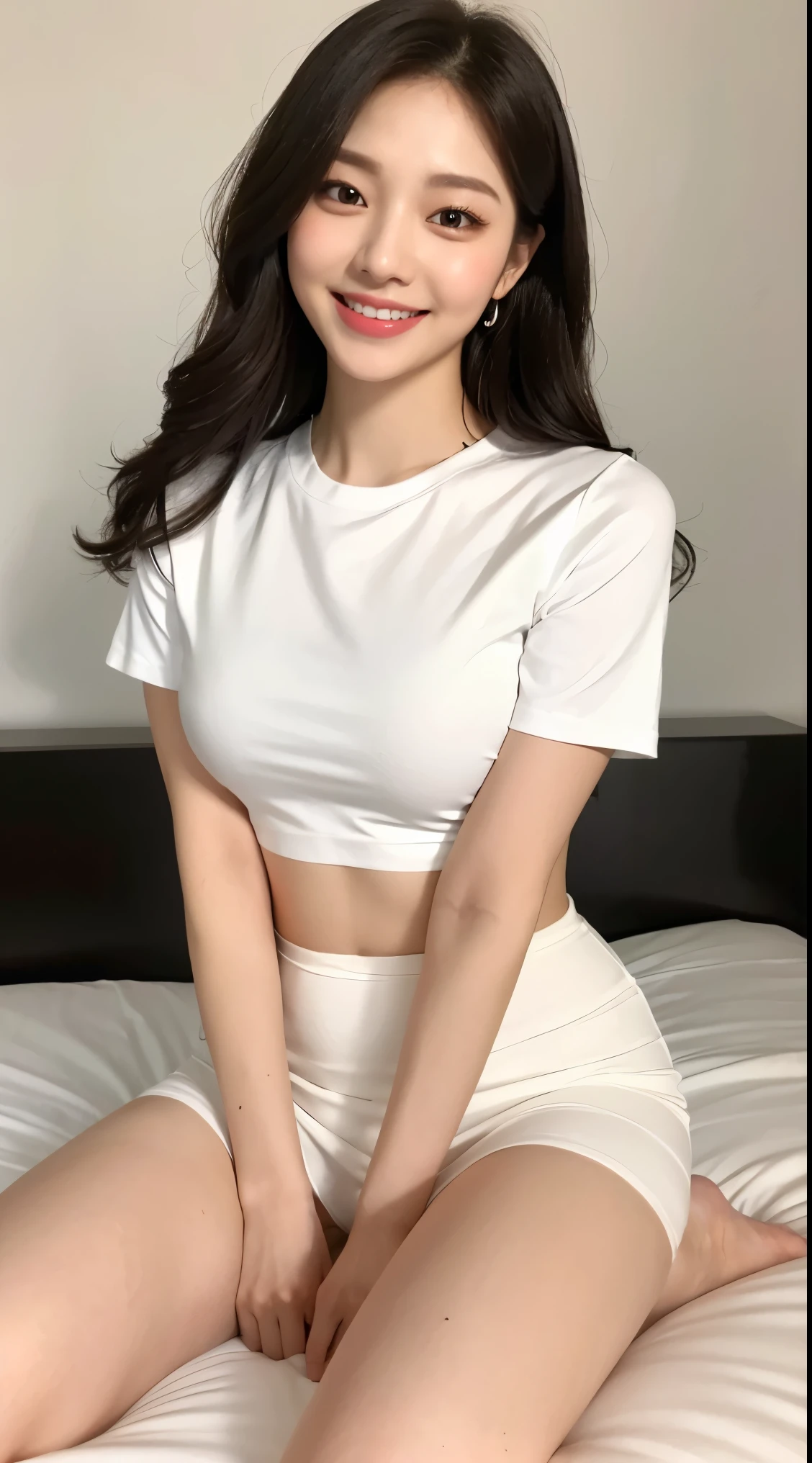 White tight shirt、White tight mini skirt、bed、smile、Short sleeve、high resolution、Korean idol face、double eyelid、White teeth