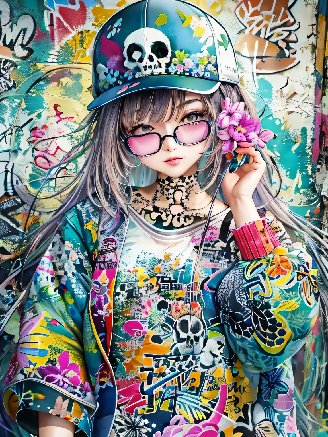8K quality, watercolor painting, stylish design, (((The strongest beautiful girl of all time))), (((Japanese)))、Idol、clear, stylish glasses, Fashionable hats, (((highest quality))), bob hair, lips in love, HDR, ((Detailed details)), (((skull fashion))), detailed clothing texture, (((graffiti art))), colorful hair, ((masterpiece))、((Super detailed))