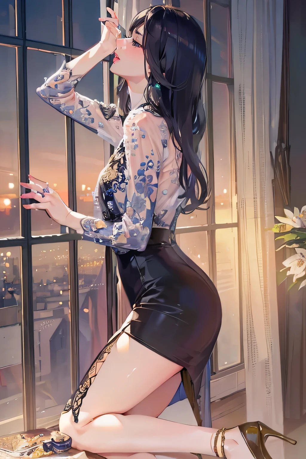 Around 30 years old, (Elegant and well-proportioned figure), (High heels), (Bob Hair), (Garter stockings and anklets), (Spread your legs), Thighs and skirt、Elegant legs,Falter,(orgasm:1.5),Waiting for the tongue,(Subtle and elegant light make-up), Delicate and beautiful fair skin, Detailed facial description with beautiful double eyelids, Gentle eyes that shine with youth and innocence, Expressing the amazing beauty of youth, Adorable Japan Woman, A beautiful portrait that captures her enchanting charm.. (8K, highest quality, masterpiece: 1.2), (Realistic and photorealistic: 1.37), (To the office)
