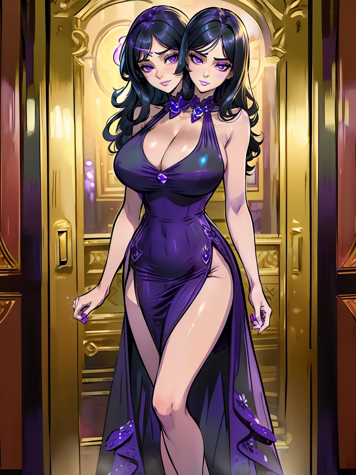 best quality, (masterpiece),(ultra-detailed), (high quality), (high resolution), ((2heads:1.5)), best quality:1.5, highres, UHD, 16K), ((two headed woman)), smiling, highres, masterpiece, ((black hair)),cleavage, ((violet dress:1.5)), lustrous and smooth skin, huge breasts, (mature woman), seductive silhouette, casual dress, sexy proportions, Beautiful girl with accentuated slender abs, long legs, seductive woman, ((gala party background:1.5)), ((nightclub)) necklace, body con dress, strapless, sleeveless, violet red eyes, (long hair), ((gala)), ((long gloves))