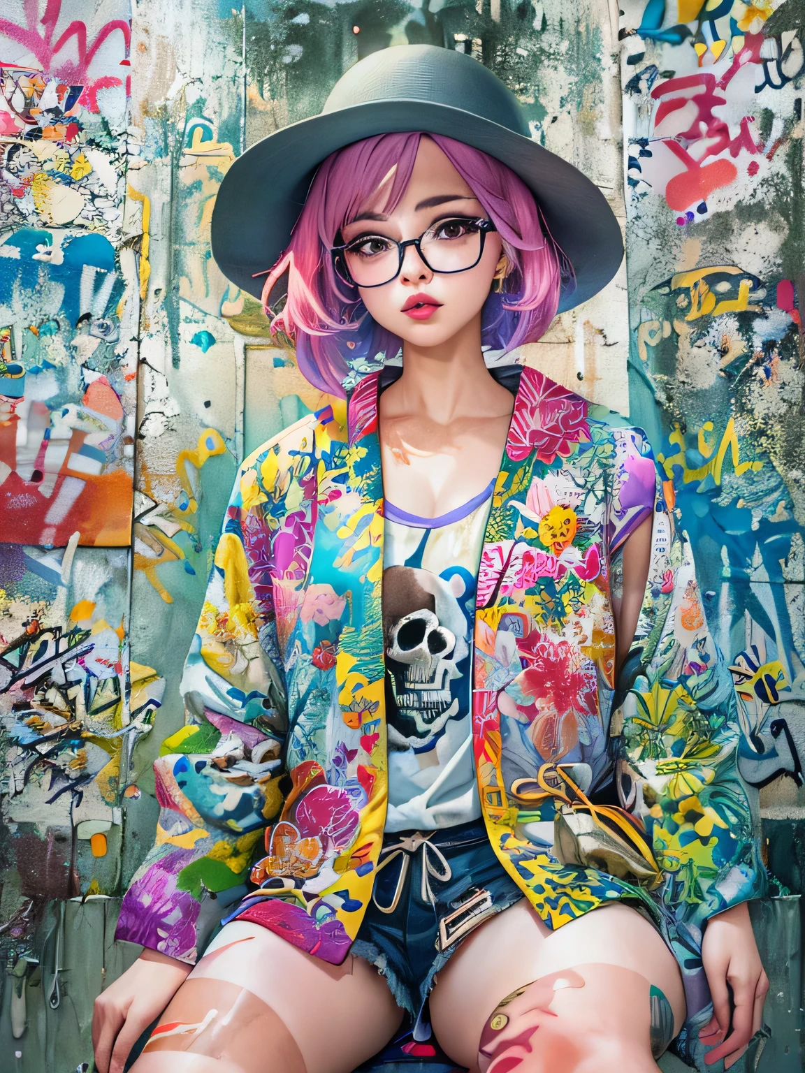 8K quality, watercolor painting, stylish design, (((The strongest beautiful girl of all time))), (((Japanese)))、Idol、clear, stylish glasses, Fashionable hats, (((highest quality))), bob hair, lips in love, HDR, ((Detailed details)), (((skull fashion))), detailed clothing texture, (((graffiti art))), colorful hair, ((masterpiece))、((Super detailed))