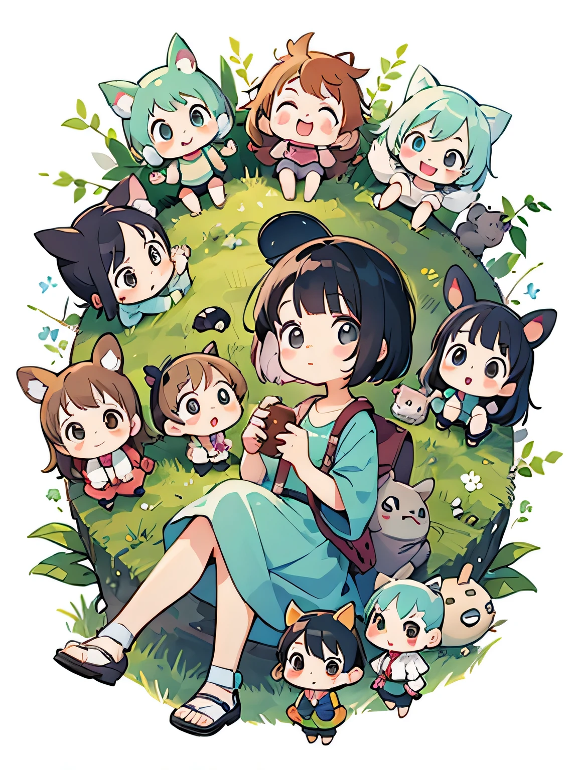 My Neighbor Totoro Style, Kawaii Design, (((10 people)))、most beautiful girl ever、Chibi, Colorful bob hair、((Lots of friends))、Totoro Forest
