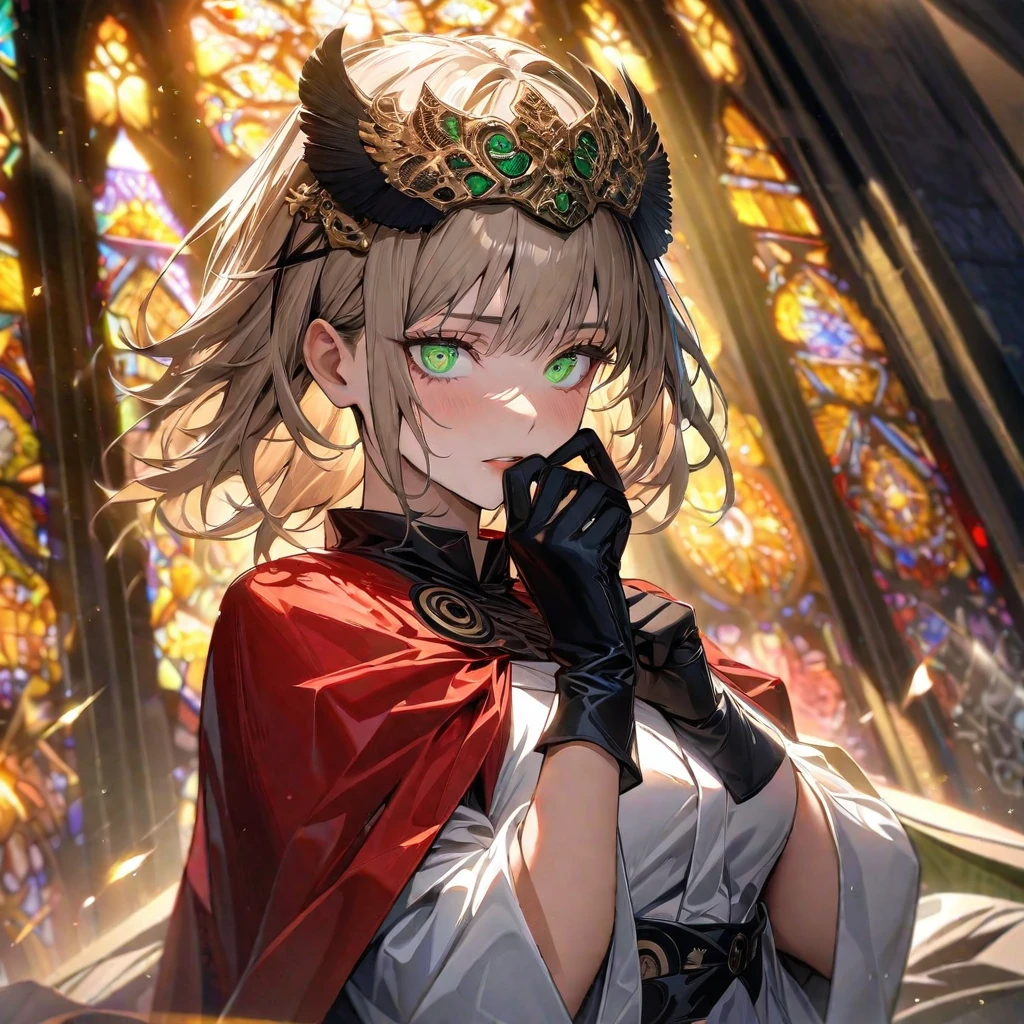 Ultra detailed, Highres, absurdres, HDR, master piece, Aida, ash blond hair, expressive green eyes, extremely beautiful, Jujutsu Kaisen, black ribbon on her head, woman, solo, extremely detailed eyes and face, white dress with black patterns, red cape, black gloves, golden stained glass, glittering, sunlight,