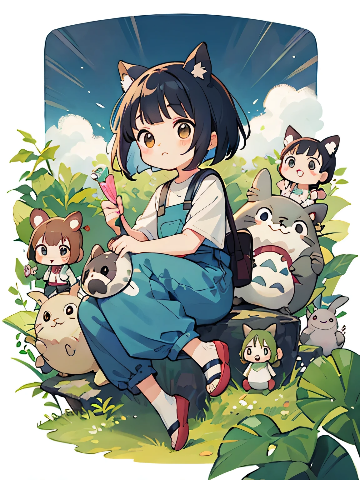 My Neighbor Totoro Style, Kawaii Design, (((10 people)))、most beautiful girl ever、Chibi, Colorful bob hair、((Lots of friends))、Totoro Forest