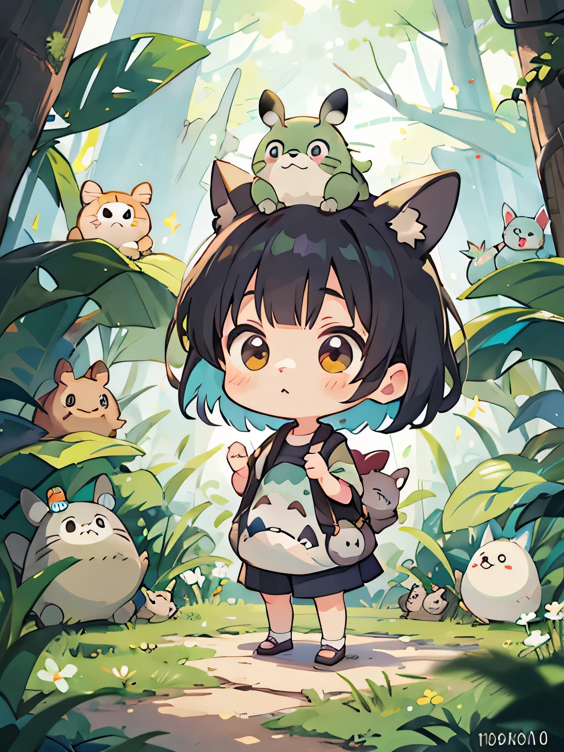 My Neighbor Totoro Style, Kawaii Design, (((10 people)))、most beautiful girl ever、Chibi, Colorful bob hair、((Lots of friends))、Totoro Forest