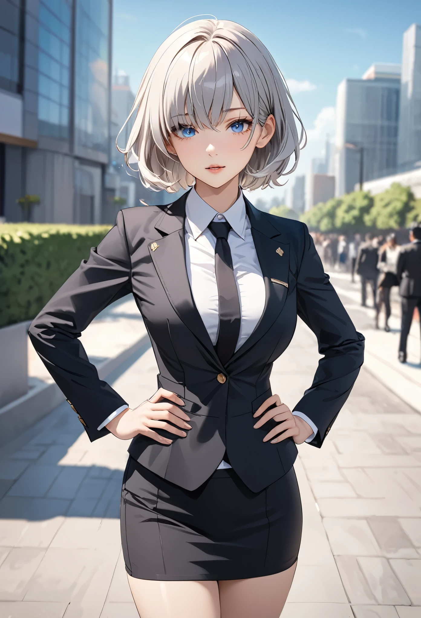masterpiece, highest quality, High resolution, 1 girl, Gray Hair, short hair, blue eyes, Medium chest, OL, tie, Black suit, Pencil Skirt, Please put your hands on your hips, Outdoor,Idol Master,,Anastasia,Knee-high boots,pants suit