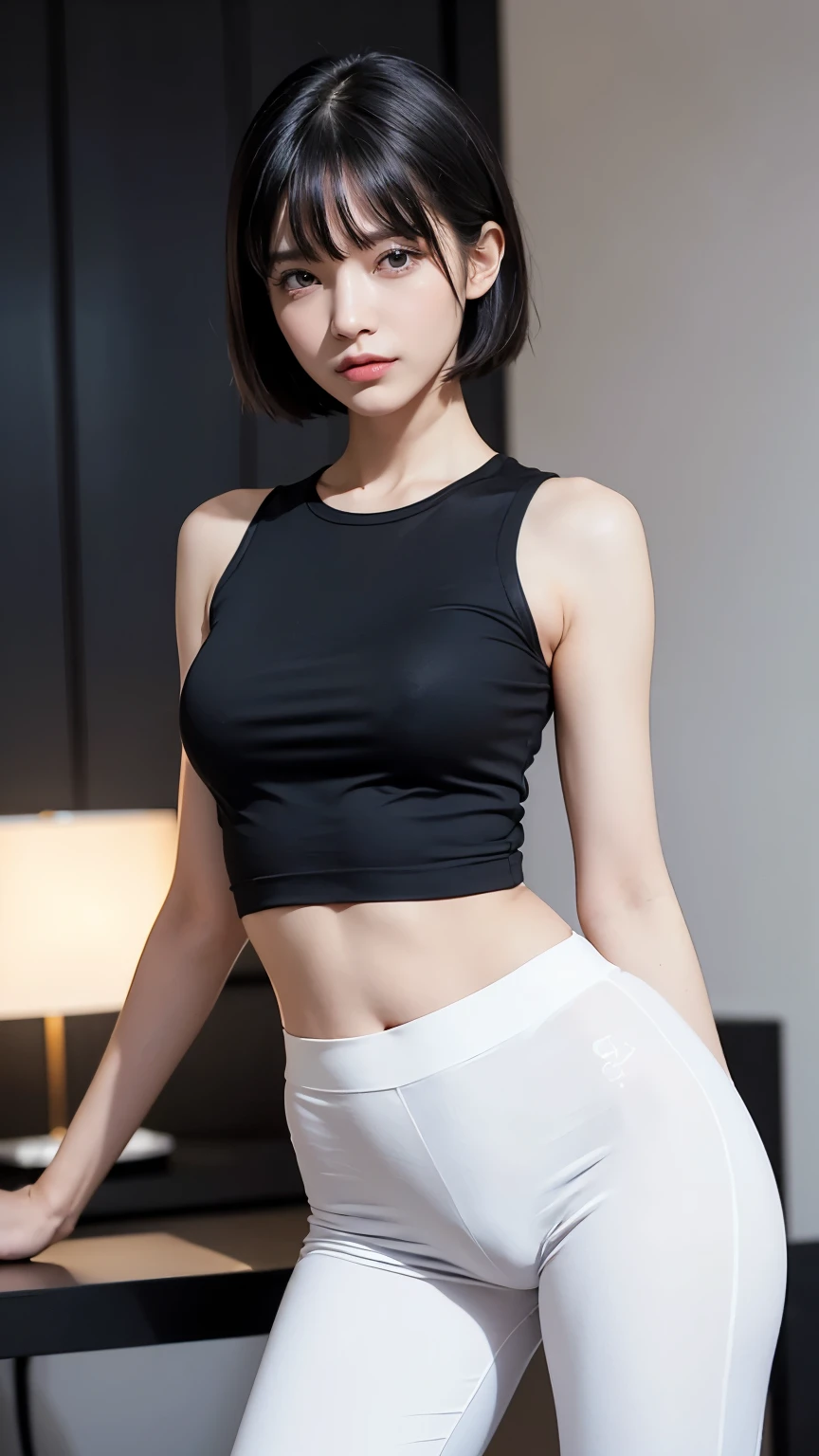 (((Backwards:2.0, Face your buttocks towards the camera:2.0, Accentuate your butt:2.0))), ((Clothing:1.8)), (((Panty shaped shadow:2.0, Black long sleeveless T-shirt:2.0, White track pants:2.0))), 1 Girl, solo, ((Medium Hair:1.2, A grin:1.2)), 18-year-old, 7 heads, Ideal body proportions, Black Hair, With bangs, Small breasts, slender, Small Ass, Beautiful feet, Skinny Legs, Surrealism, Cinematic Lighting, Depth of written boundary, First Person View,  F/1.8, 135mm, Ticker, Mastepiece, Curate, ((Anatomically correct:1.3)), Textured skin, Super Detail, High detail, High quality, Awards, Best Quality, High resolution, 8K