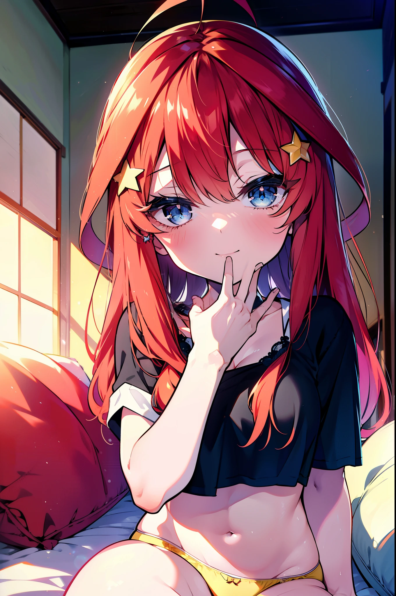 itsukinakano, Itsuki Nakano, bangs, blue eyes, Hair between the eyes, Ahoge, Redhead, star \(symbol\), hair ornaments, star hair ornaments,smile,Open your mouth,
Looks sleepy,Oversized T-shirt,Black string underwear,barefoot,With a big pillow in both arms,Put your face on the pillow,Sitting on the bed,morning,morning陽,The sun is rising　　　　　　　　　　　　　　　　　　 　　　break indoors, Bedroom, 　　　　　　　　　　　　　　　break looking at viewer, (Cowboy Shot:1. 5)　　　　　　　　　　　　　　　　　　　　　break (masterpiece:1.2), highest quality, High resolution, unity 8k wallpaper, (shape:0.8), (Beautiful details:1.6), Highly detailed face, Perfect lighting, Extremely detailed CG, (Perfect hands, Perfect Anatomy),