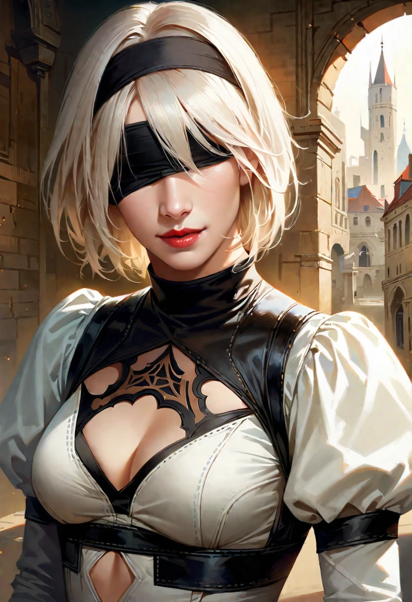 One Girl, Wow, (Blindfold), chest, chestの谷間, chestの谷間 cutout, Dress cutout, Old Western castle street background, Hair between the eyes, head band, 両目を隠すBlindfold, High resolution, Juliet Sleeve, Long sleeve, Nier (series), Nier automata, Fluffy sleeves, Red lips, Lips with raised corners of the mouth, Smiling Lips, Shadow Face, short hair, alone, Turtleneck sweater, Upper Body, l Blue-white silver hair, null、{{masterpiece、highest quality、(((Realistic、Realistic:1.37)))、8K quality、very detailed and beautiful、It&#39;s a very impressive expression、Large file size、Very detailed}},