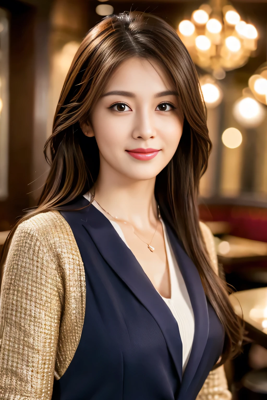 masterpiece, highest quality, Realistic, Very detailed, Finer details, High resolution, 8k wallpaper, One beautiful woman, Wear casual business attire, In a great restaurant, At night, Light brown messy hair, Perfect dynamic composition, Beautiful and beautiful eyes