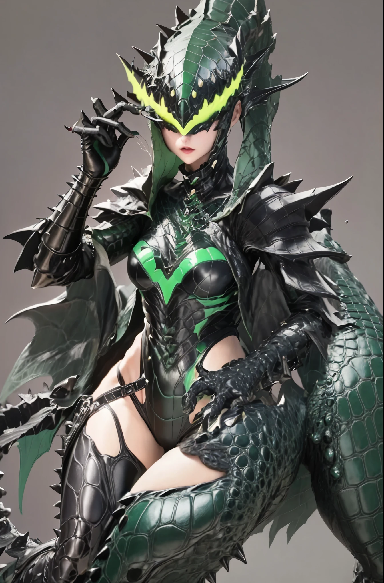 Beautiful girl fused with a crocodile. (High quality) （black and dark green image color）. body suit. cyber style. she have great sword. spike accessory. Biological Armor. Biological helmet. eye mask.