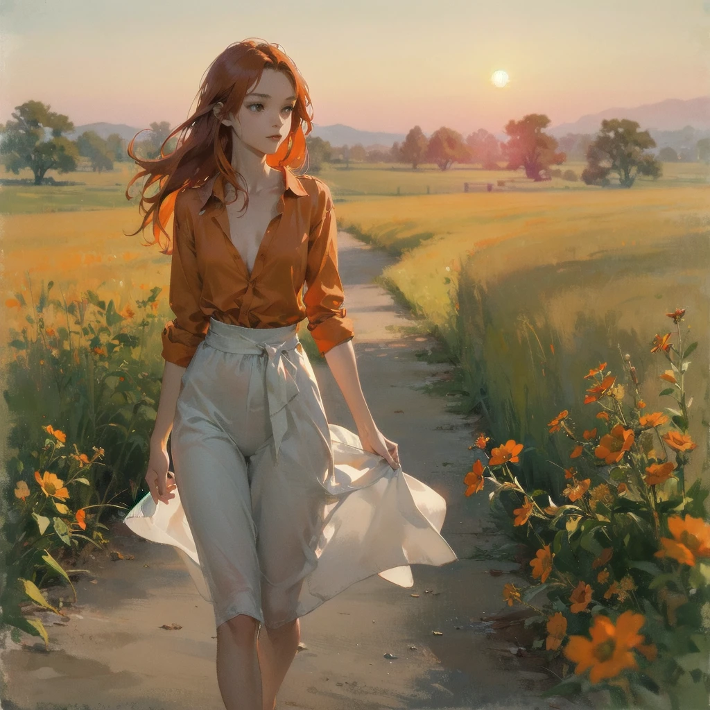 Beautiful slender thin exquisite (nude) girl  with a perfect face of the southern type with red hair with tender breasts with tender nipples barefoot with bare hips ((with red pubic hairs)) ((in an unbuttoned orange shirt on a naked body)) walks along a brick road in the middle of a flowering field, in a gentle watercolor style, Discreet shades, sfumato, haze, diffused dim light, delicate mint shades, imitation of film photography, sunset lighting, Warm evening shades, warm golden and olive sunset light