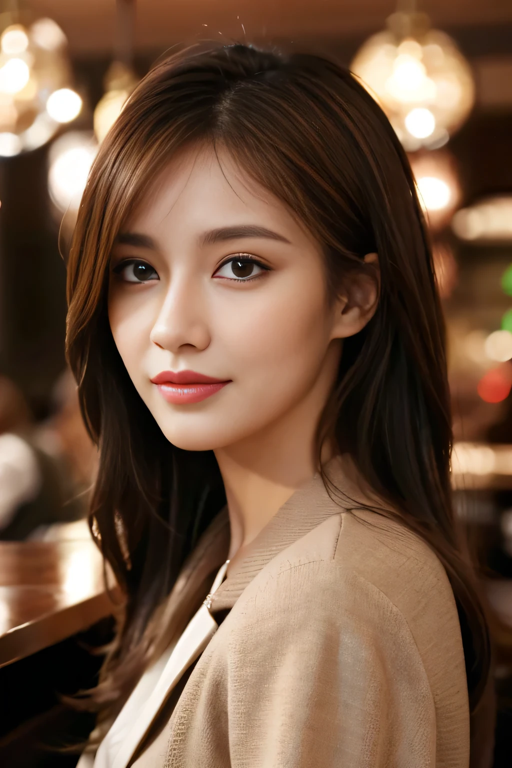 masterpiece, highest quality, Realistic, Very detailed, Finer details, High resolution, 8k wallpaper, One beautiful woman, Wear casual business attire, In a great restaurant, At night, Light brown messy hair, Perfect dynamic composition, Beautiful and beautiful eyes