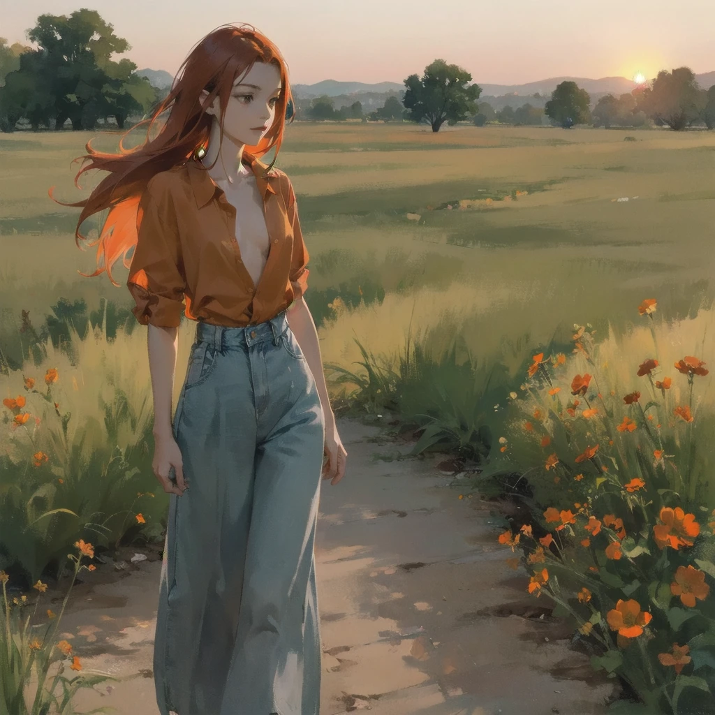 Beautiful slender thin exquisite (nude) girl  with a perfect face of the southern type with red hair with tender breasts with tender nipples barefoot with bare hips ((with red pubic hairs)) ((in an unbuttoned orange shirt on a naked body)) walks along a brick road in the middle of a flowering field, in a gentle watercolor style, Discreet shades, sfumato, haze, diffused dim light, delicate mint shades, imitation of film photography, sunset lighting, Warm evening shades, warm golden and olive sunset light