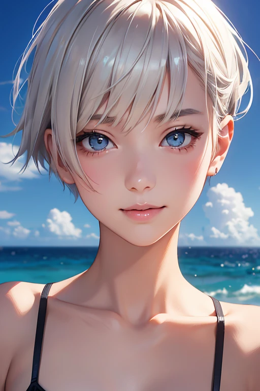 highest quality、Realistic、Women、Japanese、zoom、look up、cute、smile、Ocean、Gray eyes、Platinum Blonde Hair、Very Short Hair、Light blue lingerie、Face close-up、slender、Small breasts
