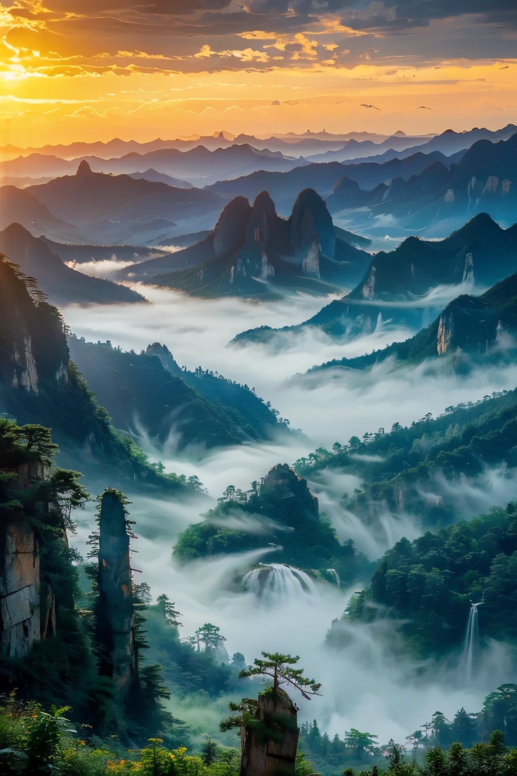 Landscape Photography，Zhangjiajie, China，Takayama，Sunset，Golden Hour，pine，National Geographic Works，Award-winning photos，reality，HD，high quality，HDR，8K