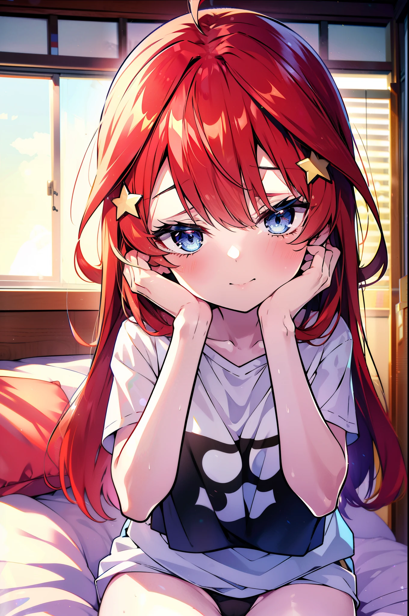 itsukinakano, Itsuki Nakano, bangs, blue eyes, Hair between the eyes, Ahoge, Redhead, star \(symbol\), hair ornaments, star hair ornaments,smile,Open your mouth,
Looks sleepy,Oversized T-shirt,Black string underwear,barefoot,With a big pillow in both arms,Put your face on the pillow,Sitting on the bed,morning,morning陽,The sun is rising break indoors, Bedroom, break looking at viewer, (Cowboy Shot:1. 5) break (masterpiece:1.2), highest quality, High resolution, unity 8k wallpaper, (shape:0.8), (Beautiful details:1.6), Highly detailed face, Perfect lighting, Extremely detailed CG, (Perfect hands, Perfect Anatomy),
