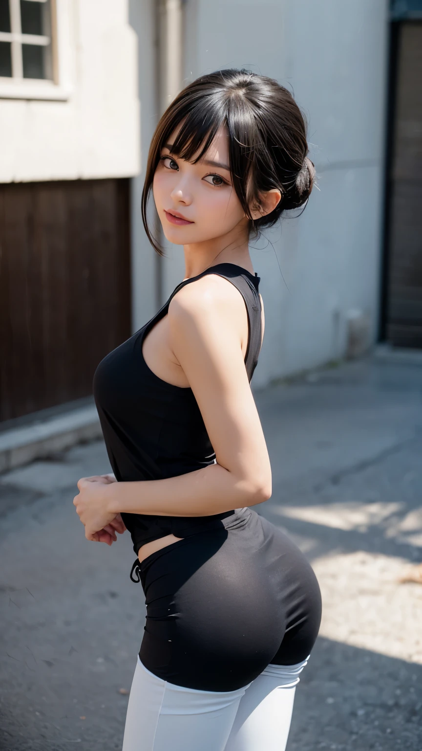 (((Backwards:2.0, Face your buttocks towards the camera:2.0, Accentuate your butt:2.0))), ((Clothing:1.8)), (((Shadow of the shape of fullback panties:2.0, Black long sleeveless T-shirt:2.0, White track pants:2.0))), 1 Girl, solo, ((Medium Hair:1.2, A grin:1.2)), 18-year-old, 7 heads, Ideal body proportions, Black Hair, With bangs, Small breasts, slender, Small Ass, Beautiful feet, Skinny Legs, Surrealism, Cinematic Lighting, Depth of written boundary, First Person View,  F/1.8, 135mm, Ticker, Mastepiece, Curate, ((Anatomically correct:1.3)), Textured skin, Super Detail, High detail, High quality, Awards, Best Quality, High resolution, 8K