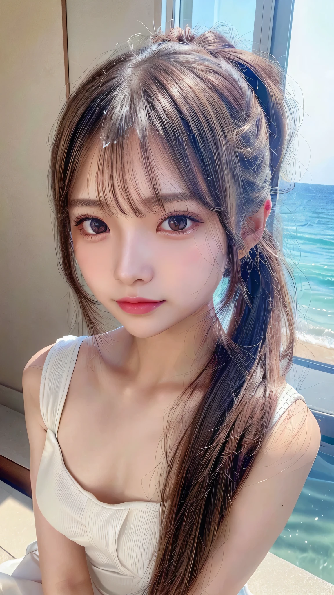 Beach,resort,white bikini,Close-up of face,Blushing,Facing forward,Close-up of face,Small breasts,14 years old,Long hair ponytail,((8K, Raw photo, Best Quality, Mastepiece:1.2), (Realism, Photorealistic:1.4), (Highly detailed 8K wallpapers), Depth of written boundary, Cinematic Lighting, Soft Light, Detailed Beauty Eye,Shiny and smooth light brown ponytail, Asymmetrical bangs, Shiny skin, Ultra-detailed skins ,It is high resolution., High detail, Detailed hairstyle, Detailed facial beauty, Hyper-realistic, Perfect limbs, Perfect ??????? ,1 Japanese girl,Famous Japanese Idols, Perfect female body,A shy smile,Short eyelashes,Double-edged eyelids,Look straight here,Hair style: ponytail,Close-up of face