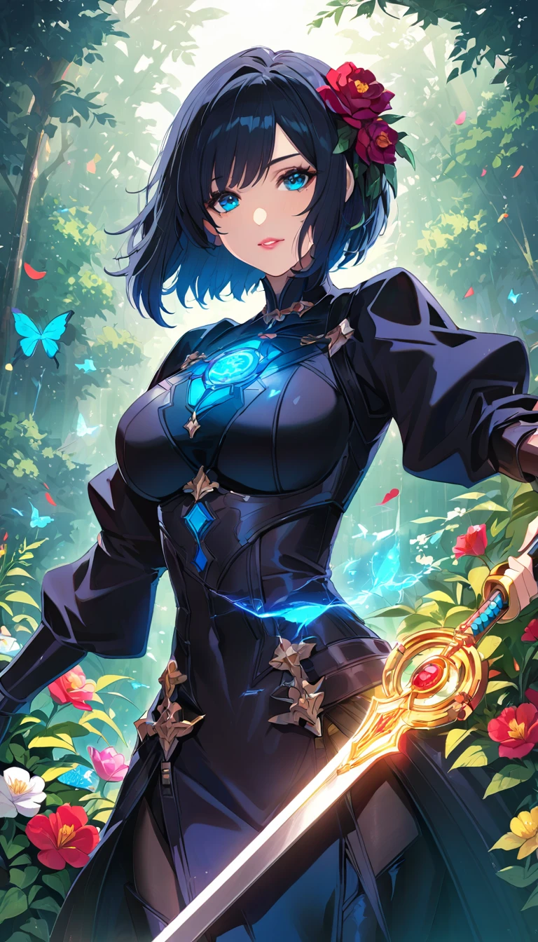 2b is wearing dark clothes and holding a sword. The girl has beautiful detailed eyes and lips. The scene is set in a garden with vibrant flowers and lush greenery. The image quality is of the best quality, with ultra-detailed and realistic features. The art style is inspired by ニーア:Automata, with vivid colors and a touch of sci-fi. The color tone is cool with a hint of blue, creating a futuristic atmosphere. The lighting is soft and diffused, emphasizing the girl's features and creating a sense of mystery.
