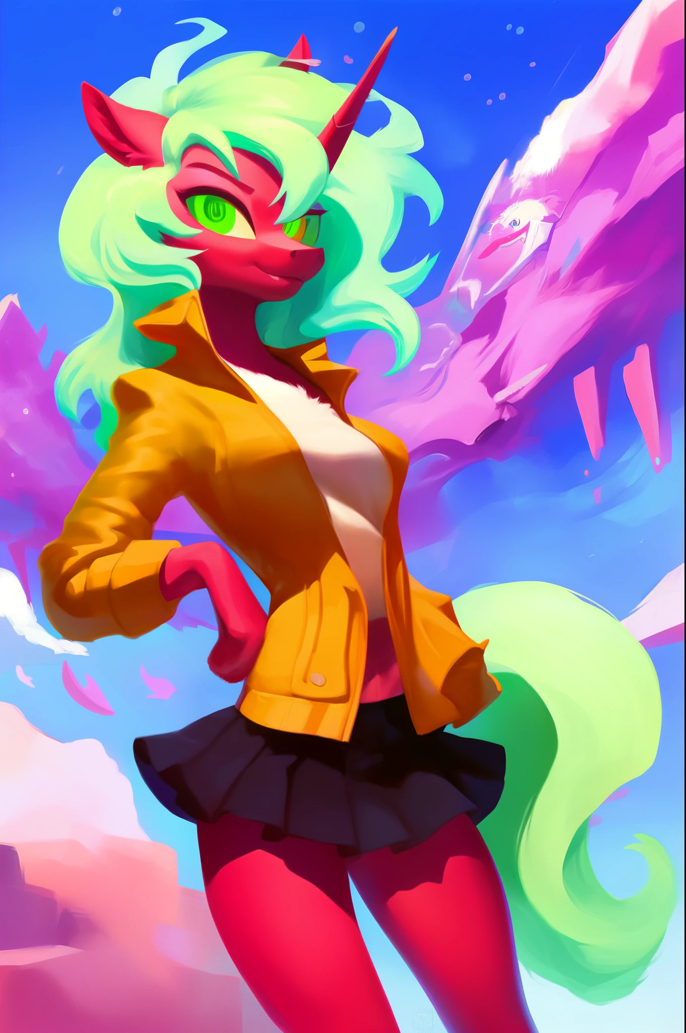 masterpiece, solo, highly detailed fur, extreme detail, rating_safe, score_9, fluffy, furry, jacket, skirt, anthro unicorn pony, purple fur, green hair, Scanty from Panty and Stocking as a pony, medium breasts, cinematic shadows, cinematic fur detail, green hair