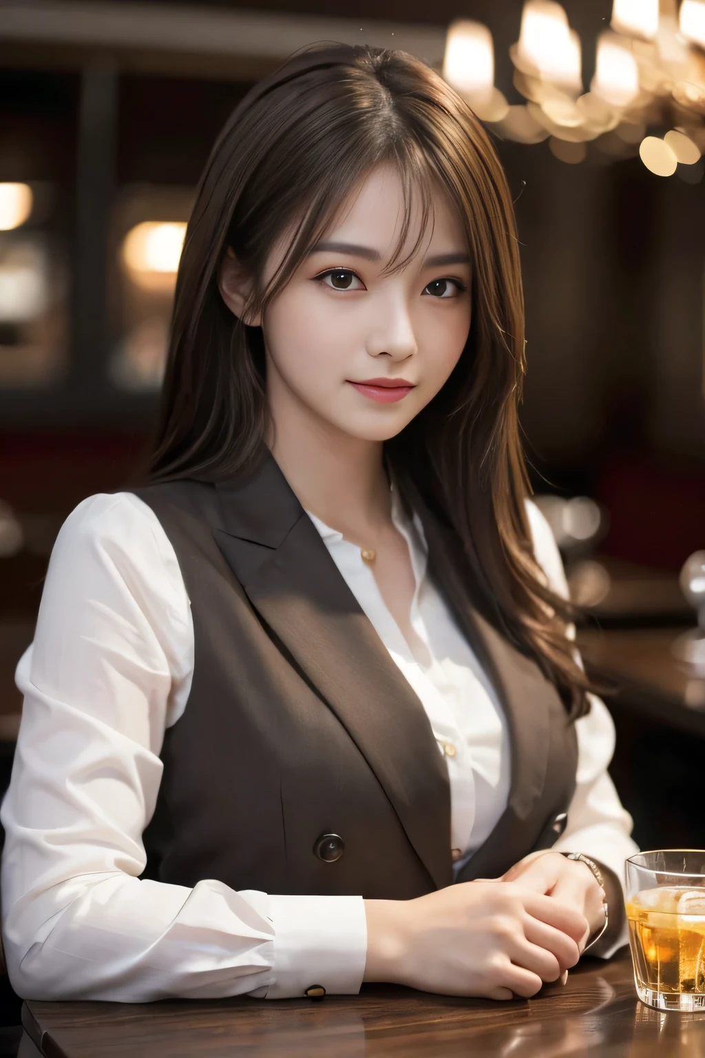 masterpiece, highest quality, Realistic, Very detailed, Finer details, High resolution, 8k wallpaper, One beautiful woman, Wear casual business attire, In a great restaurant, At night, Light brown messy hair, Perfect dynamic composition, Beautiful and beautiful eyes