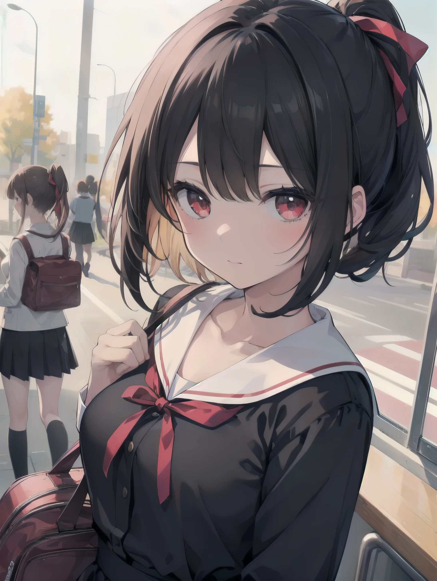 Masterpiece, top quality, super detailed, 16k, One girl, spring, high school, warm colors, school bag, accurate and highly detailed background, flock of schoolgirls in uniforms of various body shapes and hairstyles, cute. Blake. , red eyes, black hair, ribbon, red ribbon, hair ribbon, parted bangs, folded ponytail, , shuuchiin academy , dress, sidelocks, breasts, black dress, collarbone, short hair, long sleeves