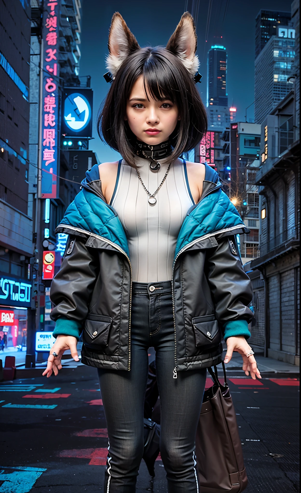 garota com uma espartilho cinza sobre uma regata preta transparente, gray and blue jacket and black jeans pants standing in a city, olhos azuis, sorriso modesto, cabelos pretos. 8k, hiperrealista, Ciberpunk, cabelos curtos, orelhas de raposa, foto realista 4k, vestindo roupas Ciberpunk. Realista, mais detalhes, Antecedentes ciberpunk, Os 70 mm