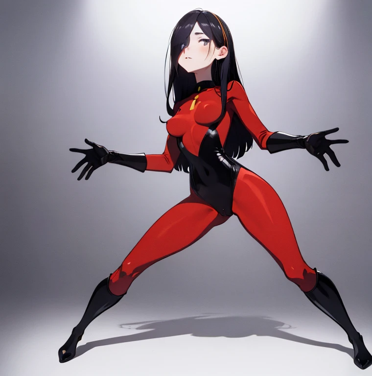 (full body),masterpiece, highest quality, One girl, Violet Par,  Long Hair, Black Hair,  Hair on one eye,  (Red hero suit)，Red bodysuit，black elbow gloves，Black Thigh Boots，Thick thighs，Place one hand on hip，Squat，Spread your legs，View your viewers, Looking down，From below，Low - Angle，Face to endure humiliation, Simple Background 