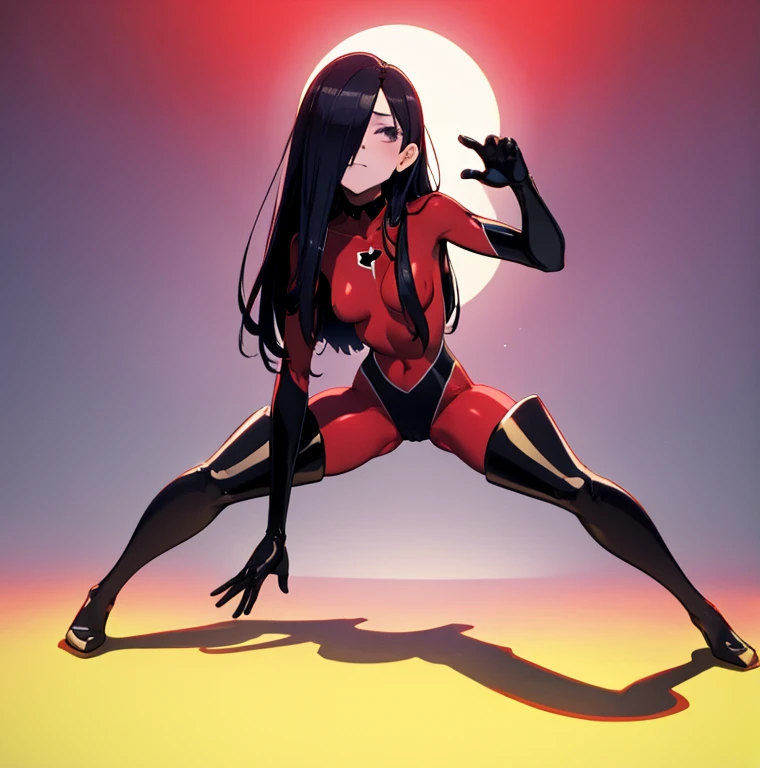 (full body),masterpiece, highest quality, One girl, Violet Par,  Long Hair, Black Hair,  Hair on one eye,  (Red hero suit)，Red bodysuit，black elbow gloves，Black Thigh Boots，Thick thighs，Place one hand on hip，Squat，Spread your legs，View your viewers, Looking down，From below，Low - Angle，Face to endure humiliation, Simple Background 