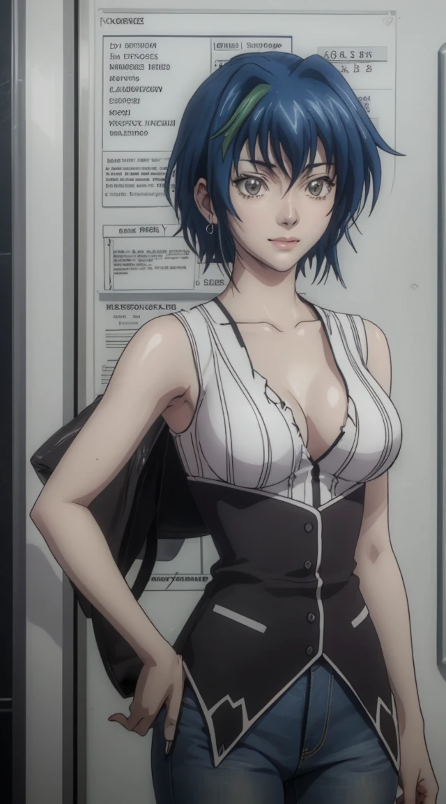 maki zenin from jujutsu kaisen anime, short hair, blue hair, beautiful, beautiful woman, perfect body, perfect breasts, wearing white tanktop, sleeveless, black cardigan, long jeans, handbag, wearing watch, wearing earrings , in class , on campus , university , blackboard , looking at the audience , slight smile , realism , masterpiece , textured skin , super detailed , high detail , high quality , best quality , 1080p , 16k