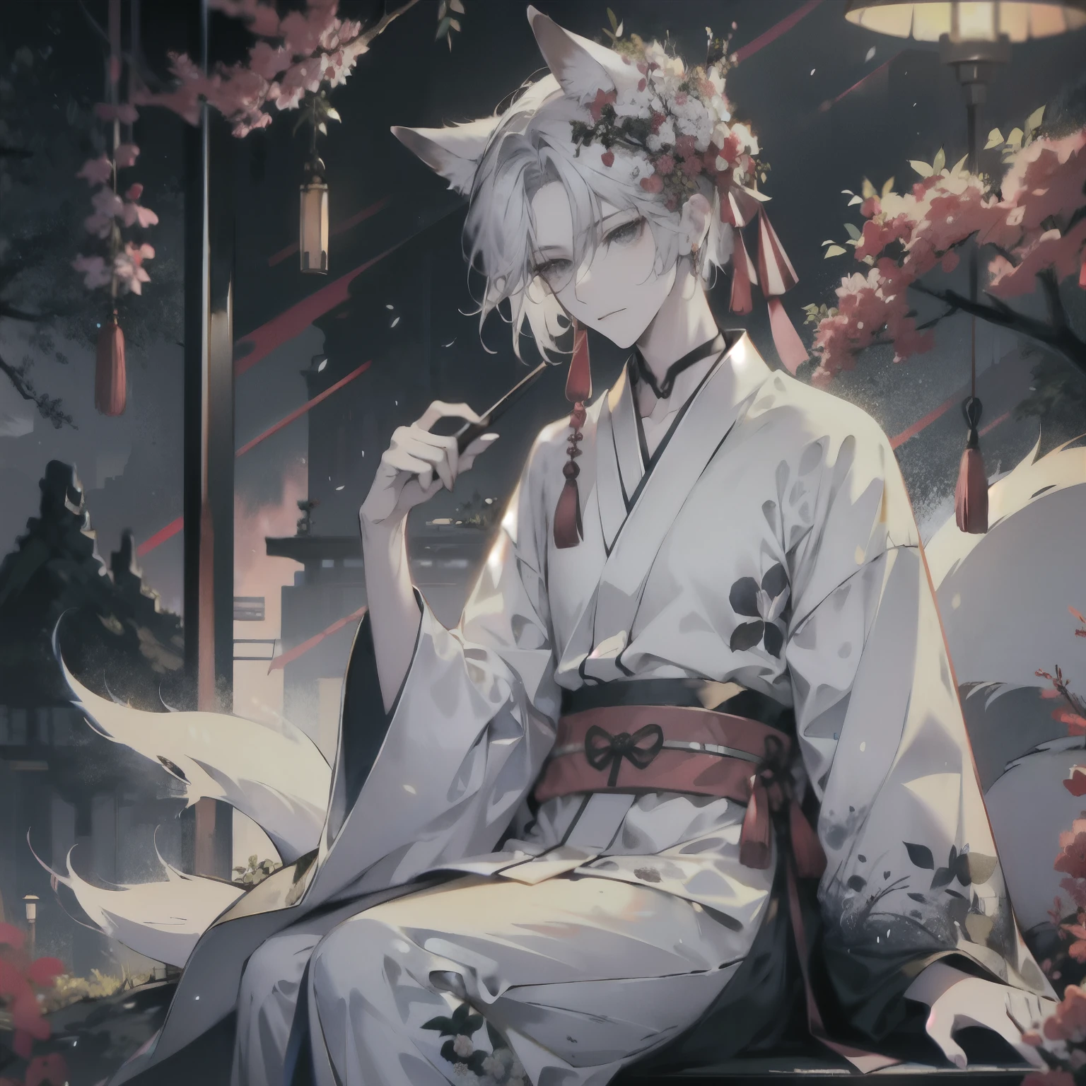 Sitting、((best quality)), ((masterpiece)), (detailed), perfect face
＃boy：Silver Hair、Hair up to the neck、Fox Ears、Fox&#39;s Tail、Wearing headphones、seems kind、Your voice sounds low、Wide-brimmed robe of Hanfu、I&#39;m working on a computer、Looking at a computer
＃landscape：A traditional Japanese cafe、Time flows leisurely
