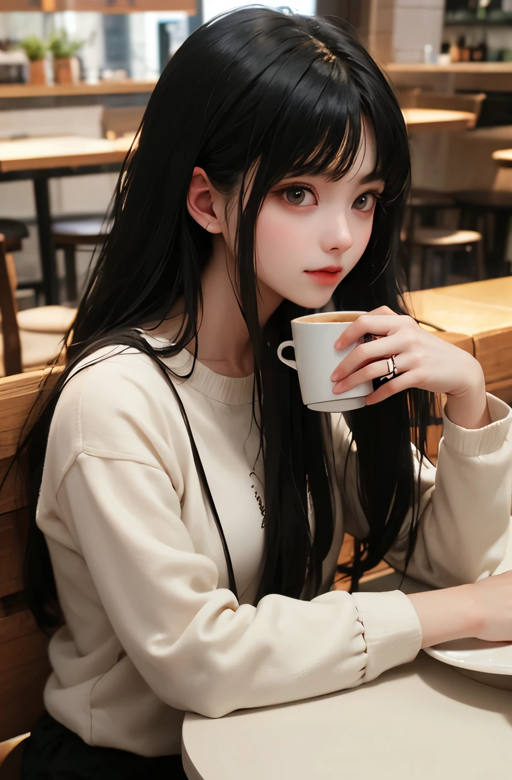 Beautiful woman drinking coffee in a cafe、bangs、Black Hair、Long Hair
