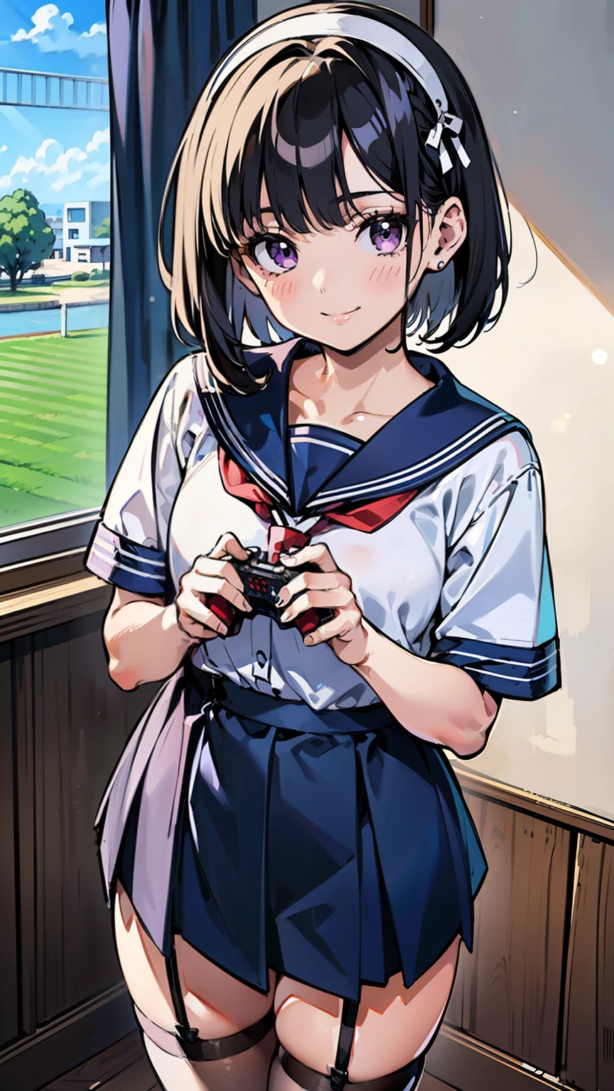 sailor uniform, sailor suit, one woman, (A beauty woman, Delicate high school girl:1.3), 8K, highest quality, masterpiece, Very detailed, Ultra-high resolution, Realistic, RAW Photos, Absolute Resolution, Black Hair, Bobcut, Small face compared to body, Very small face, Black Hair, Navy blue sailor suit, Navy Blue Skirt, High school girl in sailor suit, 2D Rendering of Anime, Realistic若いアニメの女子高生, , ((White headband)), Small breasts, tall, Slanted Eyes, Purple Eyes, Black Stockings, garter belt, smile, Private room, (Control the game controller with both hands:1.3), Top-down position,