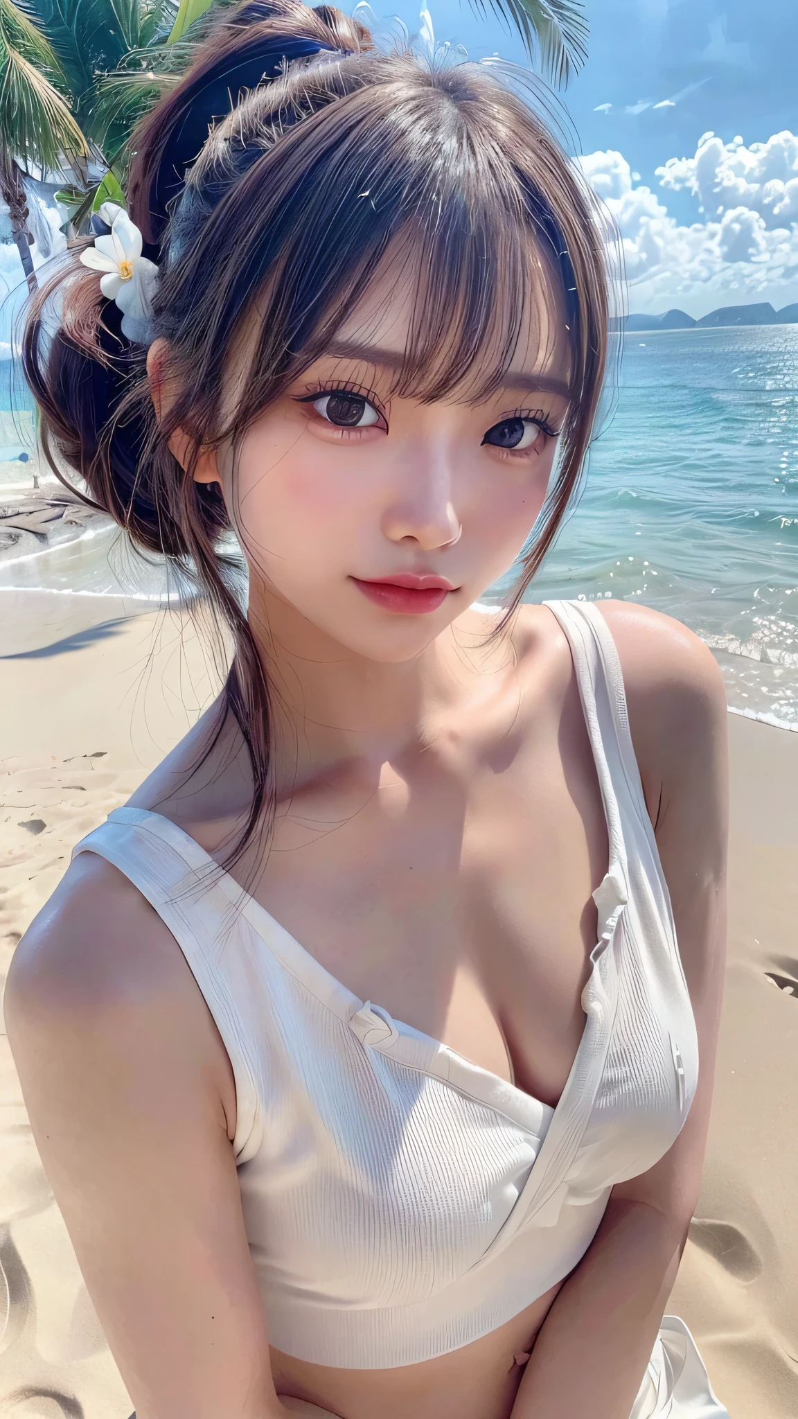 Beach,resort,white bikini,Close-up of face,Blushing,Facing forward,Close-up of face,Small breasts,,Long hair ponytail,((8K, Raw photo, Best Quality, Mastepiece:1.2), (Realism, Photorealistic:1.4), (Highly detailed 8K wallpapers), Depth of written boundary, Cinematic Lighting, Soft Light, Detailed Beauty Eye,Shiny and smooth light brown ponytail, Asymmetrical bangs, Shiny skin, Ultra-detailed skins ,It is high resolution., High detail, Detailed hairstyle, Detailed facial beauty, Hyper-realistic, Perfect limbs, Perfect Anatomy ,1 Japanese girl,Famous Japanese Idols, Perfect female body,A shy smile,Short eyelashes,Double-edged eyelids,Look straight here,Hair style: ponytail,Close-up of face