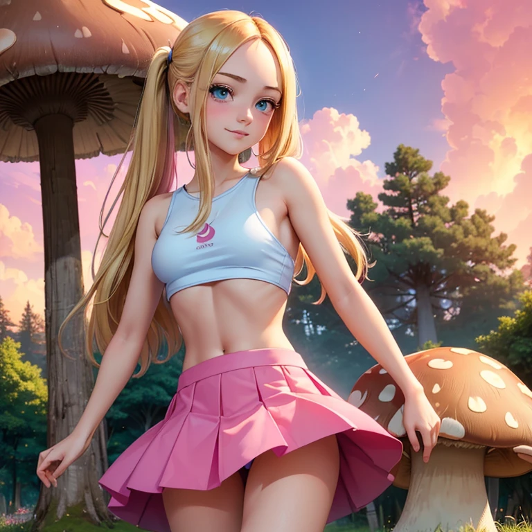 (masterpiece, best quality:1.4), (8K), Young blonde beauty, (((18 years old, neat girl))), detailed blue eyes, long eyelashes, blush, kind smile, horny, upper body, wearing a pink and white shcool uniform crop top, underboob, small ass, slender thin legs, pink skirt, (looking at viewer), beautiful blonde hair, white-skinned, long hair, straight bangs, pigtails, (medium size breasts), (mushroom forest, colorful mushrooms, celestial forest, beautiful and magnificent pink sunshine, majestic sky), colorful natural light)