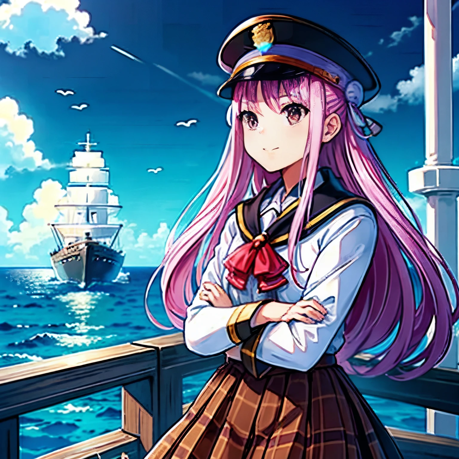 captain、captain hat、ship deck、Battleship、Arms crossed