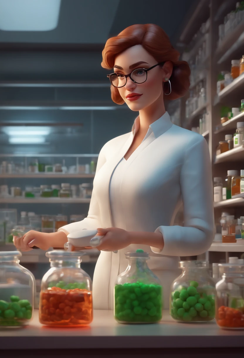 Personagem de desenho animado mulher de jaleco branco, animation character, animation style rendering, 3D estilizado, making medicines in a pharmacy laboratory.