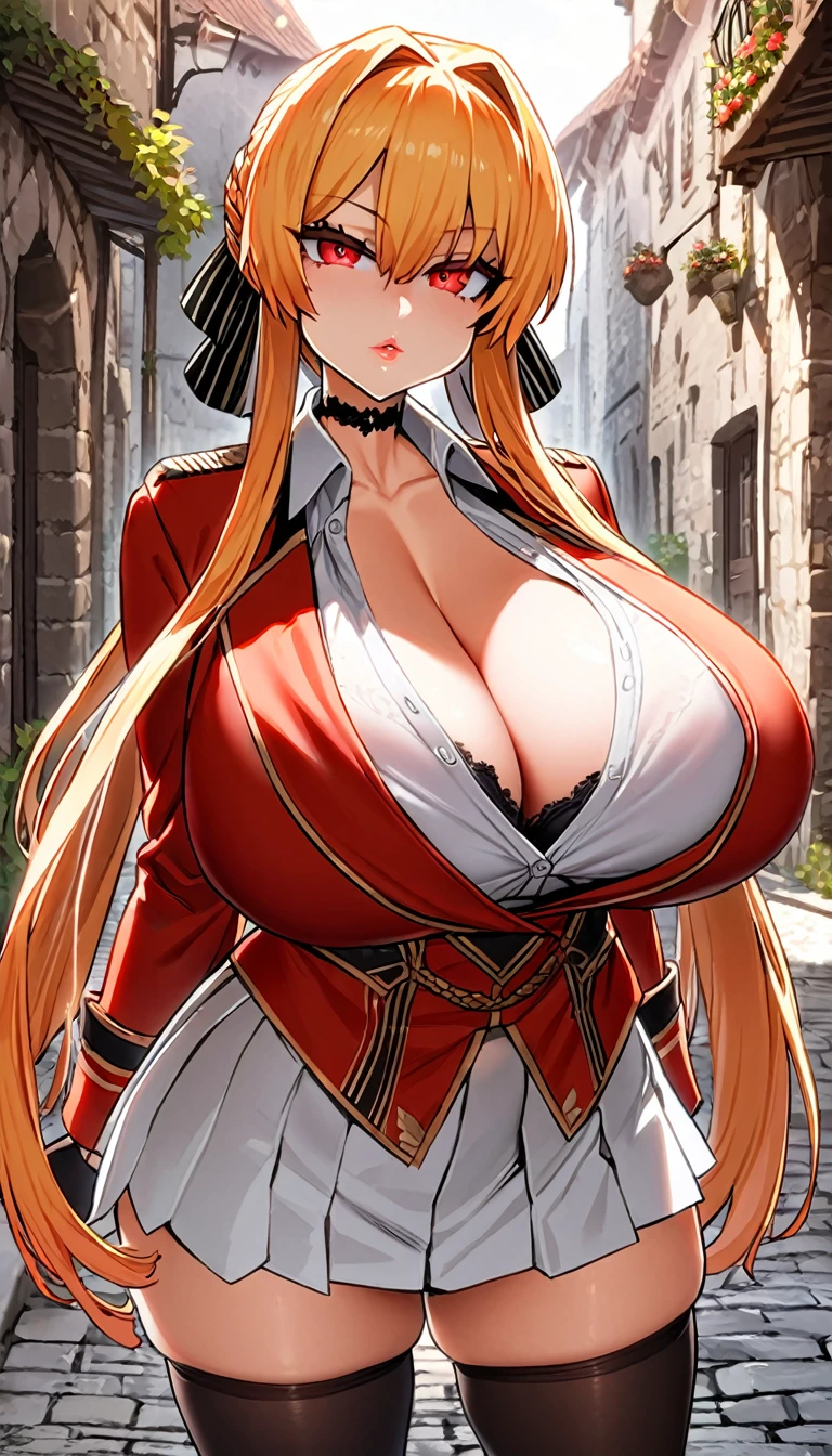 monarch \(azur lane\), \(azur lane\), 1girl, blond hair, red eyes, thick lips, masterpiece, best quality, highres, huge breasts, (black bra), bra peek, looking at viewer, expressionless, cleavage, collar bone, tight white shirt, unbuttoned shirt, collared shirt, military uniform, red_military_jacket, sleeves_past_wrists, black gloves, black choker, white skirt, pleated skirt, black thighhighs, skinny, posing, medieval streets at a sunny day, clouds, backlighting