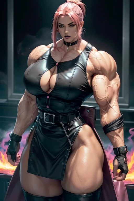 ((((Massive tall, beautiful, buff, light brown skinned muscular woman with shocking pink hair, black lipstick, ginormous bulky muscles, welding pink flame and wearing an half button down black blouse with pleated skirt and leather coat)))), close view, massive muscle, massive biceps, hyper muscle shoulders, ((ginormous muscle arms)), hyper muscle triceps, (angled bob cut), red eyes, choker, (chain belt), black coat, black boots, (fingerless gloves), (pink smoke surrounding the body), in a darken skyscraper office, sexy glare, night, hyper vascular arm, hyper muscles arms, hyper muscle legs, (ginormous arms).
