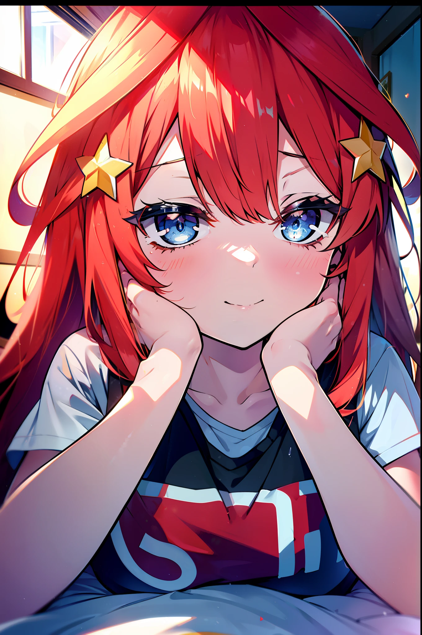 itsukinakano, Itsuki Nakano, bangs, blue eyes, Hair between the eyes, Ahoge, Redhead, star \(symbol\), hair ornaments, star hair ornaments,smile,Open your mouth,
Looks sleepy,Oversized T-shirt,Black string underwear,barefoot,Holding a big pillow in both arms,Put your face on the pillow,Sitting on the bed,morning,morning陽,The sun is rising　　　　　　　　　　　　　　　　　　 　　　break indoors, Bedroom, 　　　　　　　　　　　　　　　break looking at viewer, (Cowboy Shot:1. 5)　　　　　　　　　　　　　　　　　　　　　break (masterpiece:1.2), highest quality, High resolution, unity 8k wallpaper, (shape:0.8), (Beautiful details:1.6), Highly detailed face, Perfect lighting, Extremely detailed CG, (Perfect hands, Perfect Anatomy),