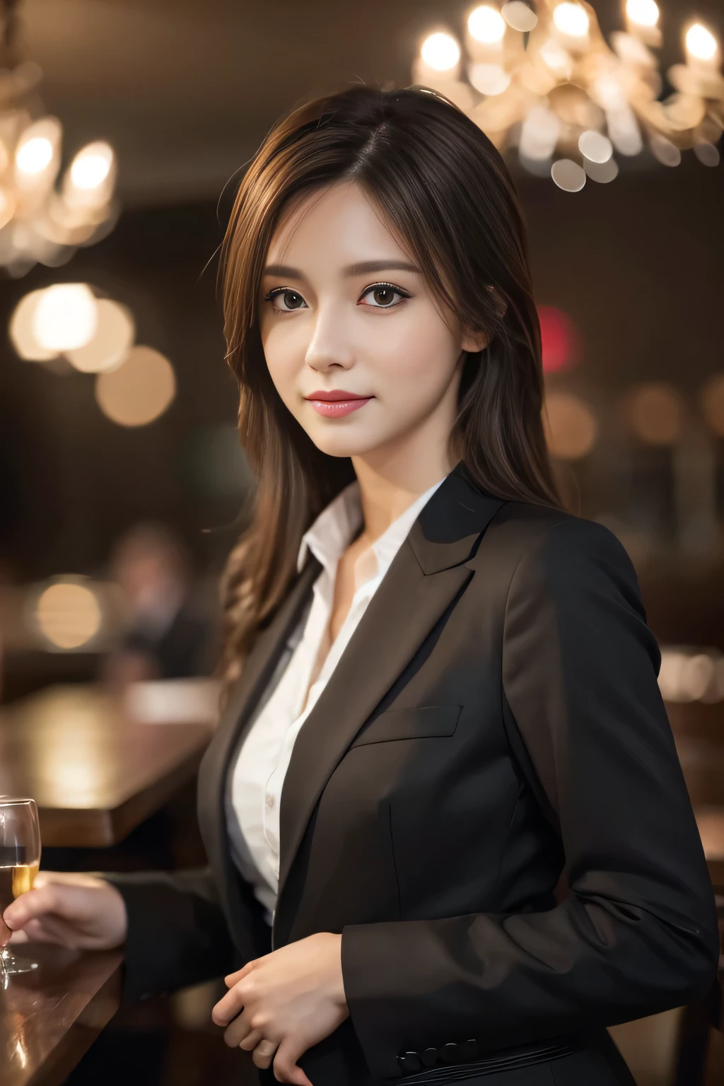 masterpiece, highest quality, Realistic, Very detailed, Finer details, High resolution, 8k wallpaper, One beautiful woman, Wear casual business attire, In a great restaurant, At night, Light brown messy hair, Perfect dynamic composition, Beautiful and beautiful eyes