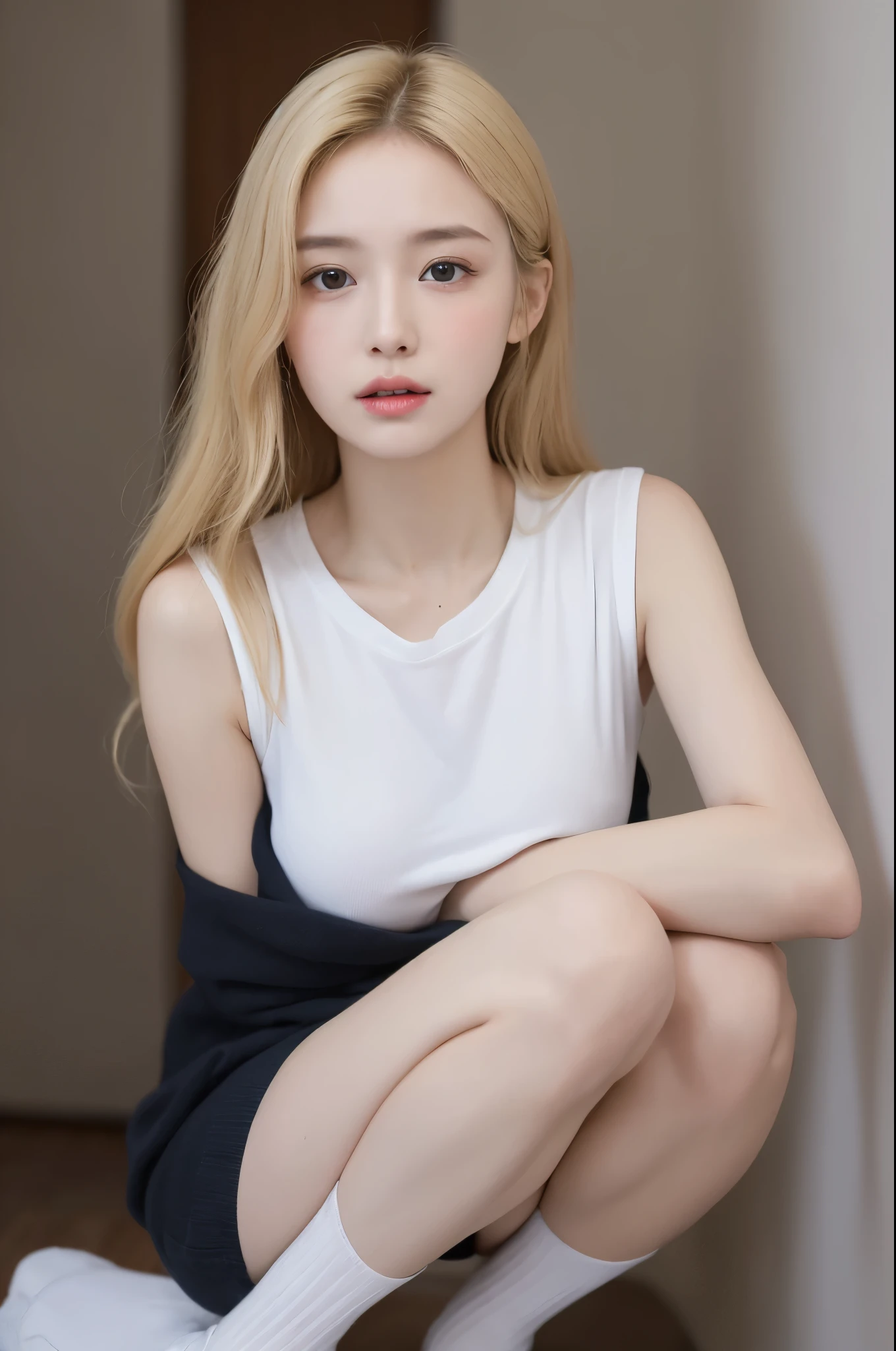 ((Best quality, 8K, Masterpiece:1.4), (one female), ((very small face:1.3), (shining skin:1.5), (very large breast:1.4), High detailed face and skin textures, detailed eyes, (sleeveless cotton T-shirt), italian woman, (blonde wave head:1.3), I wear socks, small_face, oversized_chest, sagging_chest, slim_legs, squatting, socks, it's in a very small space,