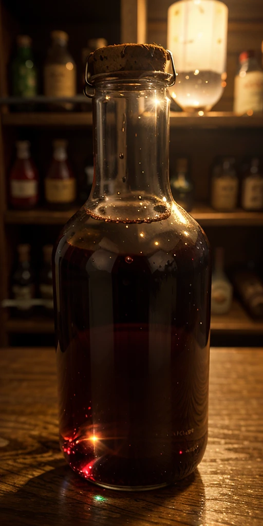 a red potion inside a glass bottle, transparent liquid, red like blood, sparkly, shinny (rpg game icon)