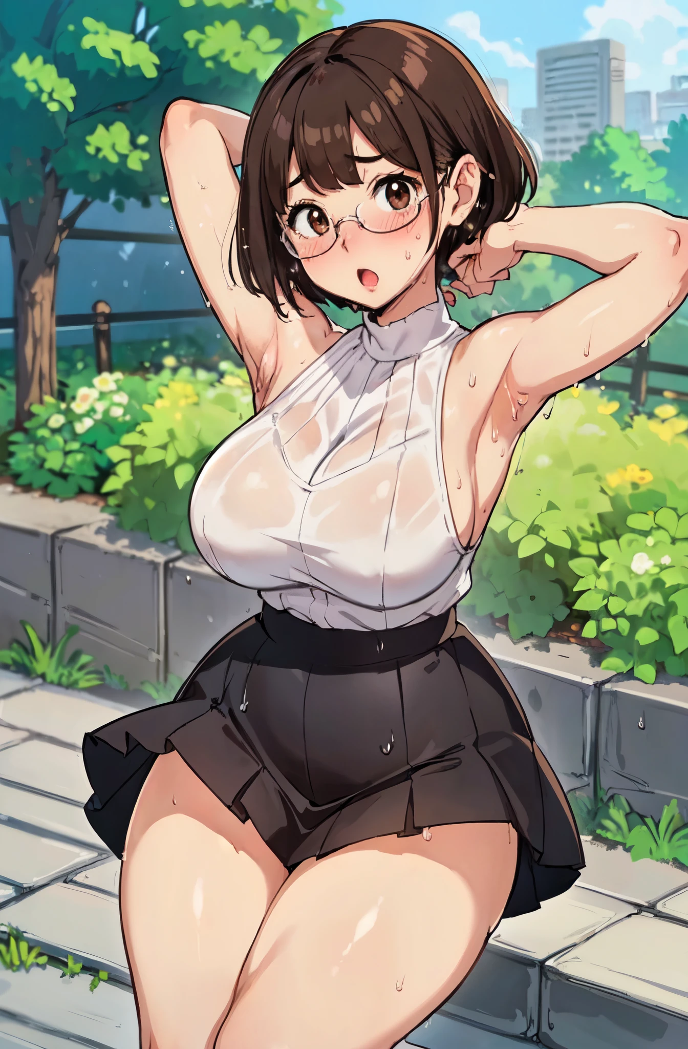 (( close、16k、highest quality、Attention to detail、Rich skin detail, Browsing Caution、Chubby))、looking away、((((Huge breasts、head shot、Both armpits、Hands behind head))))、(Sleeveless knit、Black Pencil Skirt、Striped panties),(Brown eyes)、((Glasses))、((Bobcut、Split bangs))、((Brown Hair))、(Beautiful Eyes),((Skirt Lift、Panty shot))、((Sweat、Wet))、 ((blush))、(Wide Hips、Thick thighs)、((((Embarrassing、:o、surprised))))、((garden))、people々Surrounded by